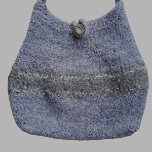 Handmade Wool Shoulder Bag With Button Closure & Gray Stripe Pattern Purple & Gr